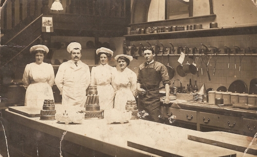 This photo shows my maternal grand mother (the lady on the far lef ) Catherine McDonald at her place of work, i believe that it is either when she was in service or when she was a cook in The Dorchester park lane london.I guess it was pre ww1. she returned to Ust and married then lived in 14 Bornish. where i enjoyed her cooking many times espeacialy her chicken broth thick enough to walk on and hot scones,