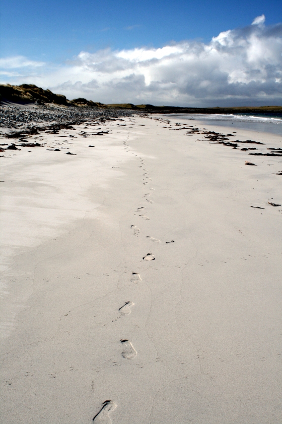 Alone on Bornish beach with a mysterious single set of footprints.